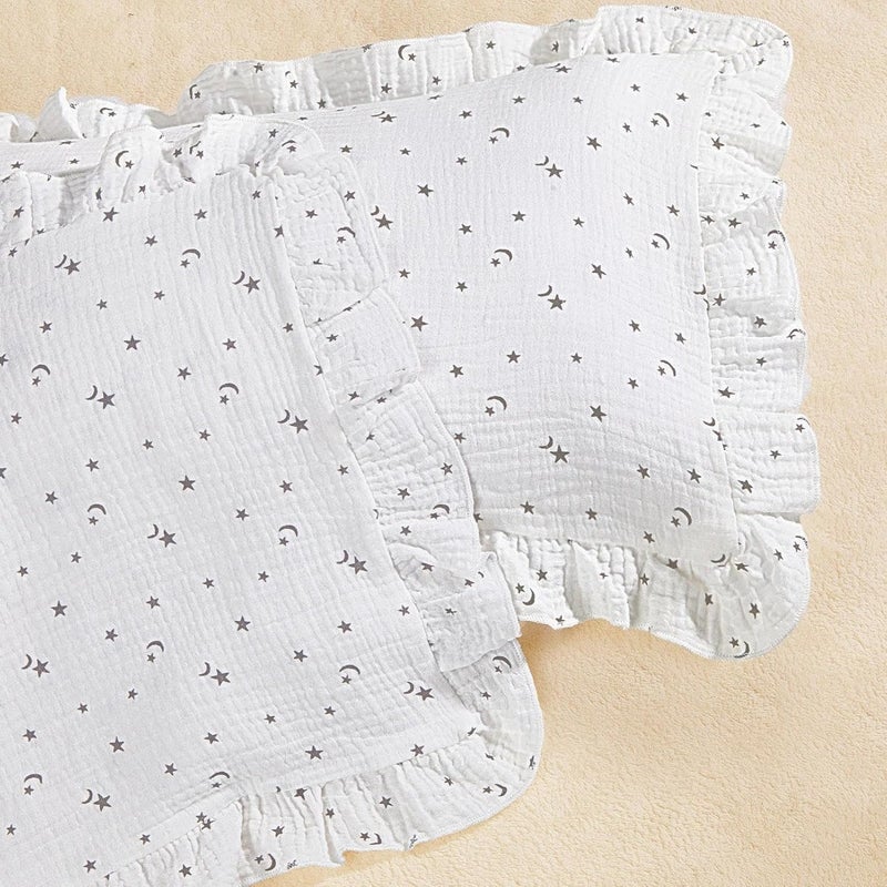 Basumee Toddler Pillowcase 13x18 inch 2 Pack Muslin Pillow Covers for Boys and Girls Soft Breathable Ruffle Edge Pillow Case with Envelope Closure Travel and Nursery Bedding Decor, White Stars - Image 1